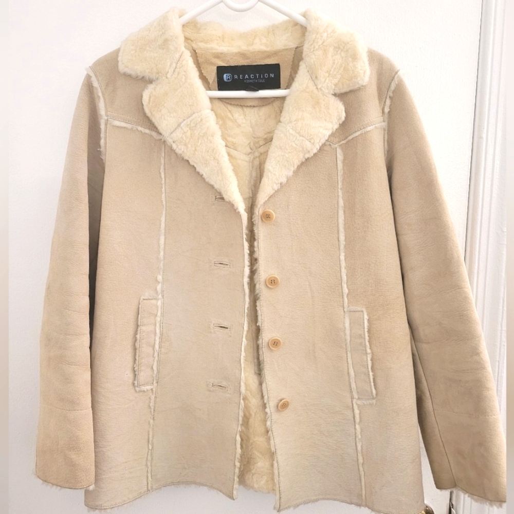 Reaction Kenneth Cole | Cream | Suede | Pea coat w/ Faux Fur Lining & Piping | S